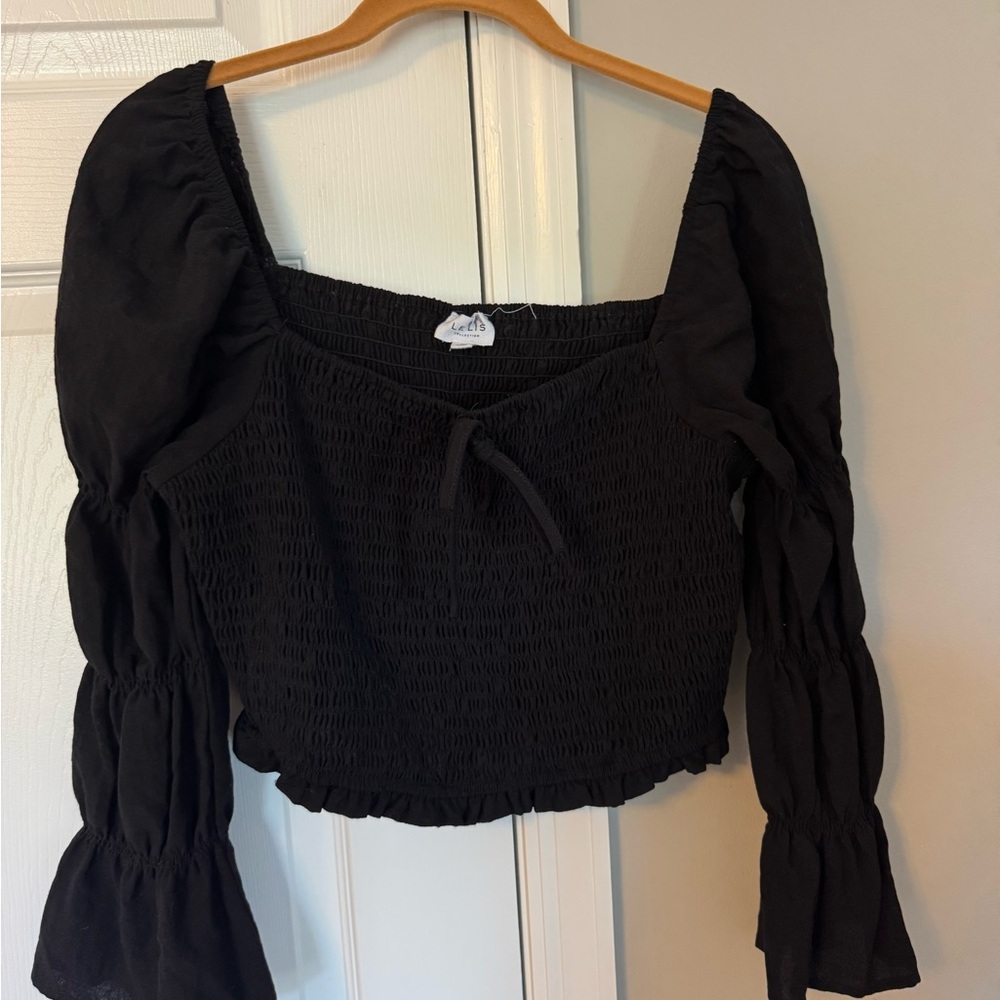 Black Smocked Long-Sleeve Crop Top